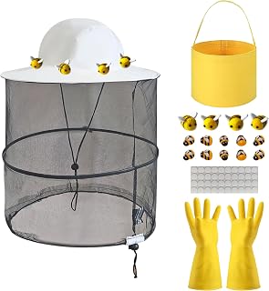 38Pcs Beekeeper Set Including 1Pc Bee Hat, 4Pcs Wool Felt Bee,10pcs Small Wooden Bee,20Pcs Double Side Tape Yellow Beekeeping Gloves and Felt Bucket for Men Women Beekeeping Supplies Halloween Costume