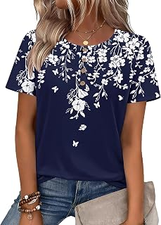 Zeagoo Women Summer Tops Short Sleeve Dressy Casual Henley Tee Shirt Round Neck Floral Blouses Business Work Clothes