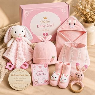 Baby Girl Gifts, 8 Pcs Baby Shower Gifts for Girls, Newborn Girl Gift Set | Newborn Baby Girl Essentials with Bunny Lovey, Wooden Ring Rattle, Hooded Bath Towel & Ready-to-Gift Baby Gift Basket