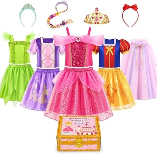 MELAND Princess Costumes for Girls, 4 Sets of Fancy Dress up Role Play Toys for 3 to 8 Year Old Toddlers Girls Gifts