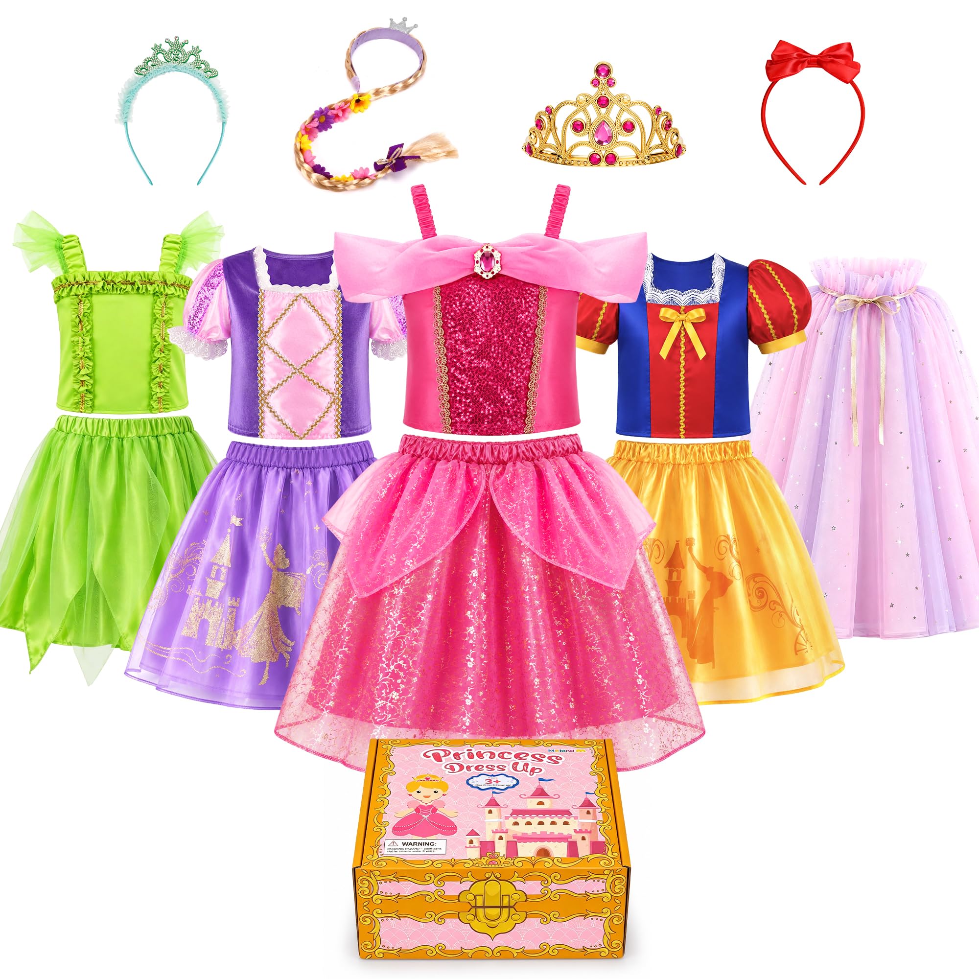 MELAND Princess Costumes for Girls, 4 Sets of Fancy Dress up Role Play Toys for 
