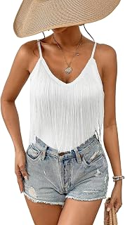 Women's Fringe Tank Top - Clothing Summer Rave Sexy Spaghetti Straps V Blouse Top Shirts Hawaiian Chic And Elegant Blouse Top Vest Sleeveless Fashion Solid Camisole Clothing