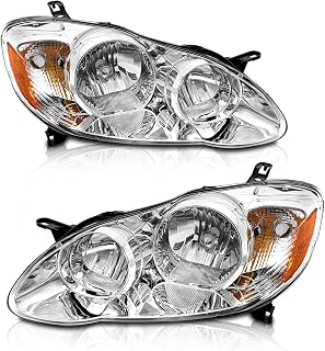 Headlights Assembly for 2003-2008 Toyota Corolla Chrome Housing Amber Reflector Driver and Passenger Side Headlamp Replacement Pair