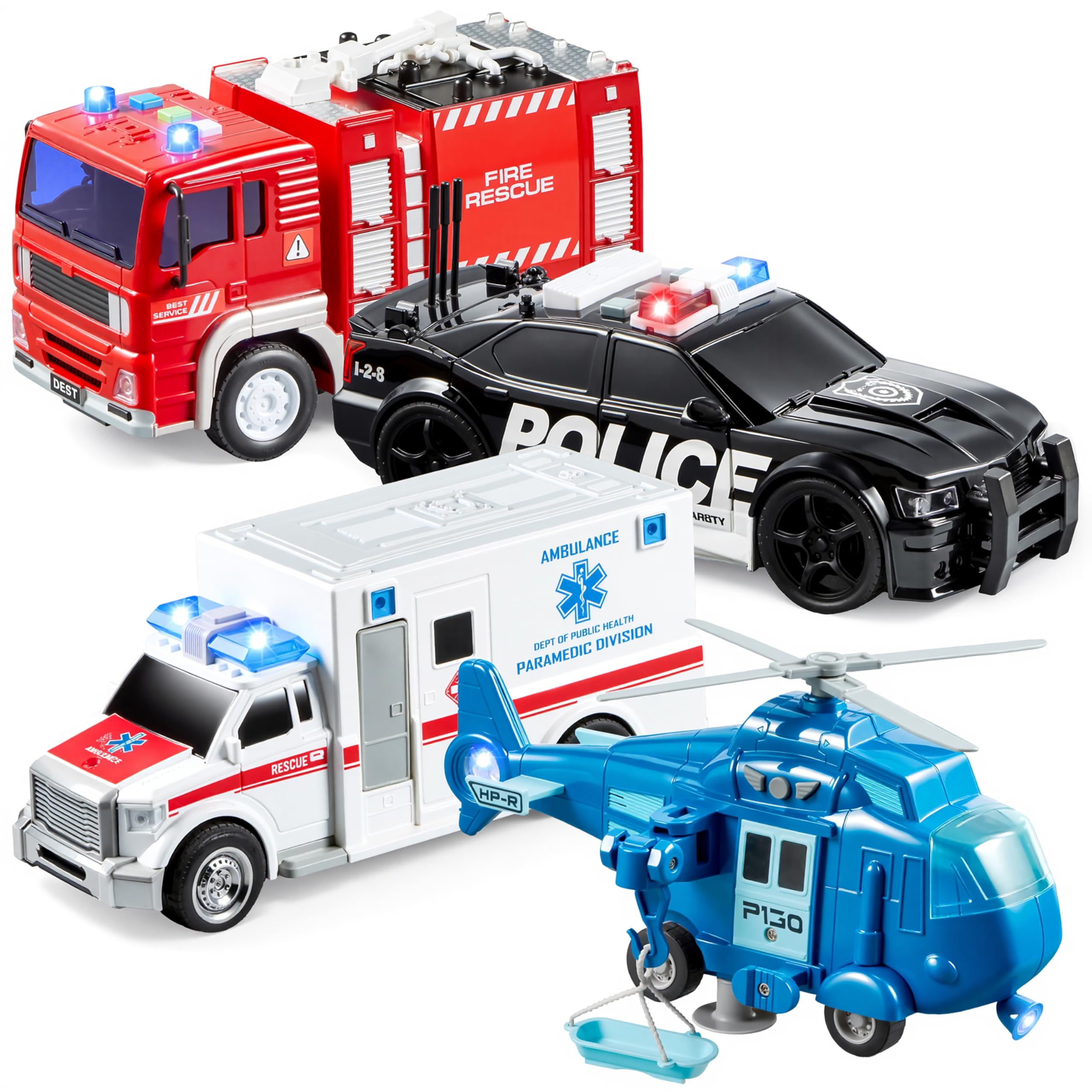 JOYIN 4 Packs Emergency Vehicle Toy Playsets, Friction Powered Vehicles with Lig