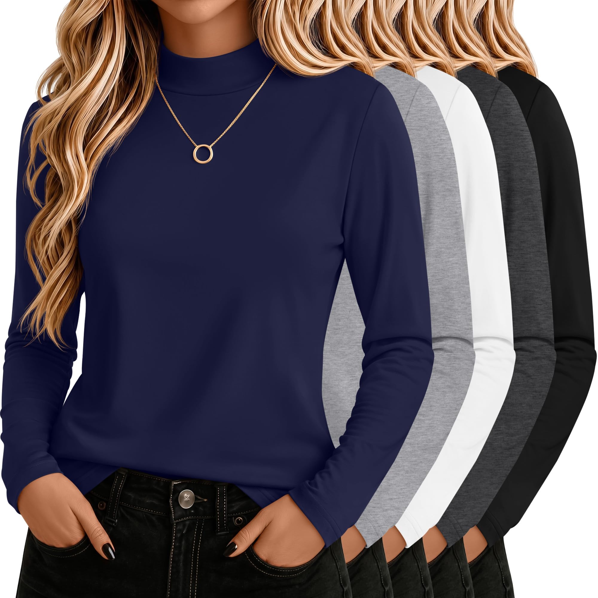 5 Pack Mock Turtleneck Cotton Shirts for Women
