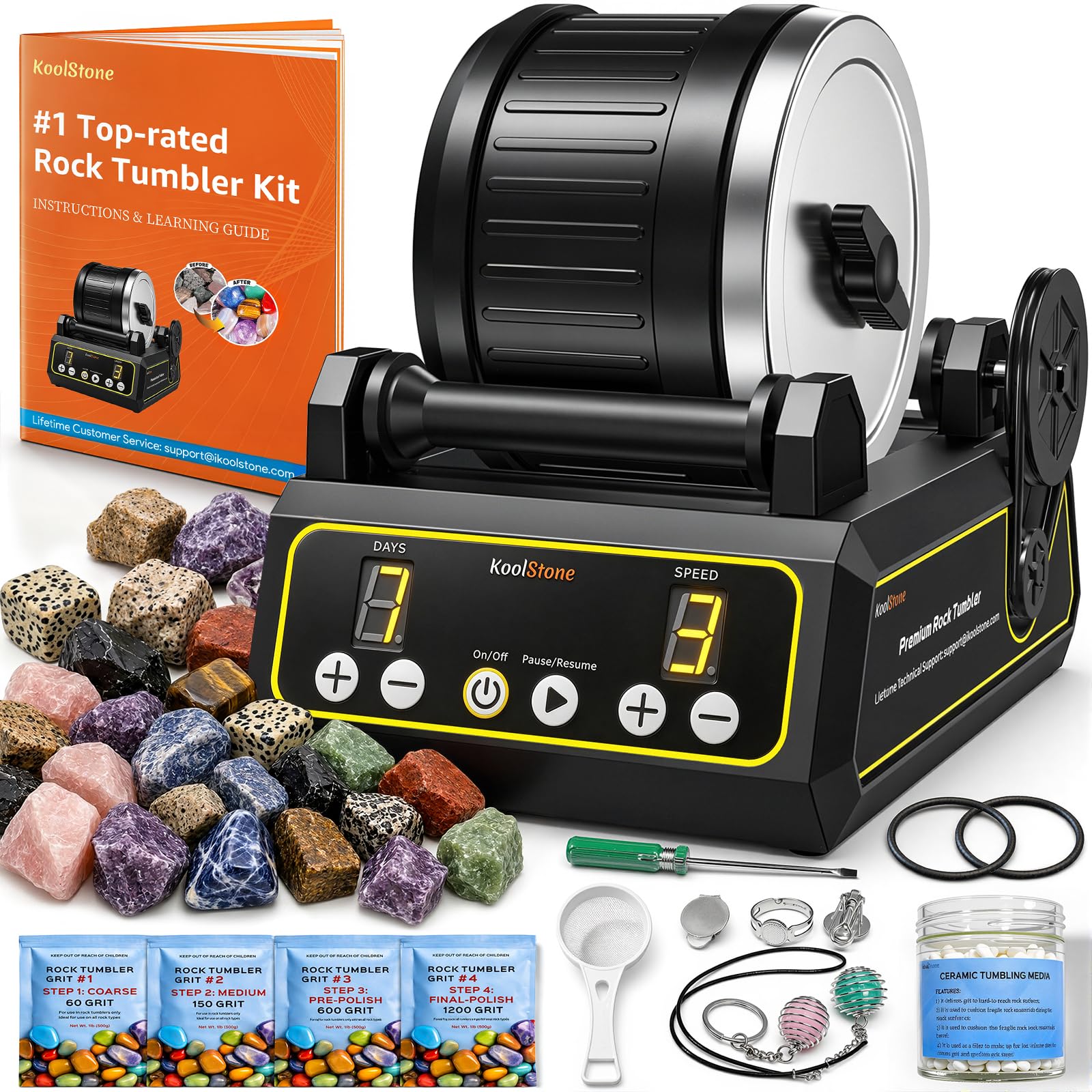 C1 Rock Tumbler Kit, 2.5LB Quiet Rotary Tumbler for Adults & Beginners | Complet