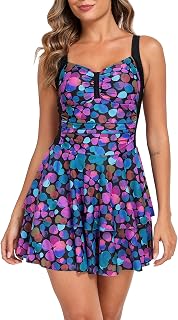Halcurt Women's One Piece Swimsuit with Skirt Ruched Ruffle Tummy Control Swim Dress Bating Suit
