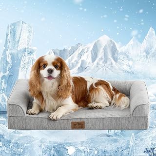 COZY KISS Cooling Dog Bed for Small Dogs, 30"x20" Orthopedic Foam Sofa with Bolster Sides, Q-Max >0.4 Cooling Technology, Cool Pet Bed with Removable Washable Cover, Grey