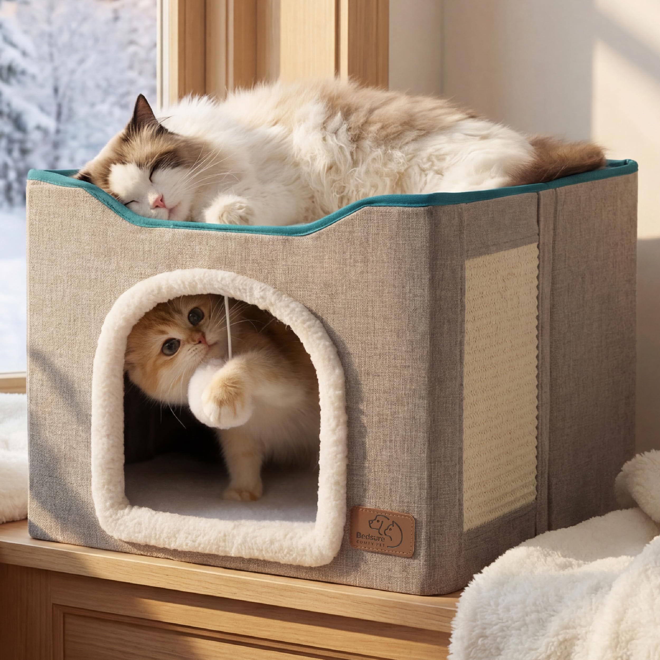 Bedsure Cat House Bed for Indoor Cats with Fluffy Ball and Scratch Pad,Grey | 16