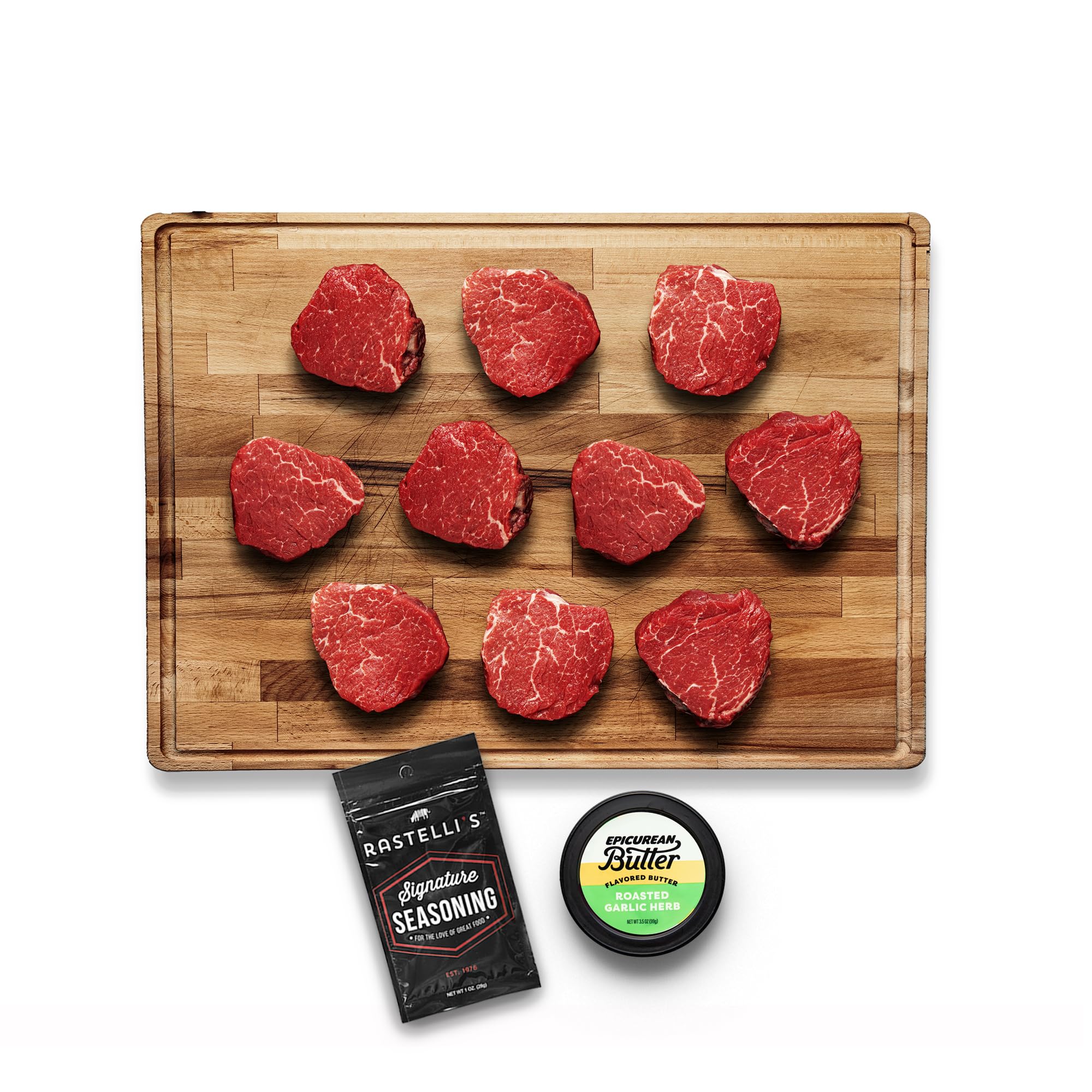 Rastelli's Black Angus Beef Filet Mignon Steaks (10 ct) 5 oz Portions, With Butt