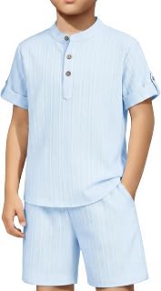 Arshiner Boys 2 Pieces Set Textured Henley Shirts & Shorts Set 4-12 Years