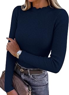 ANRABESS Long Sleeve Shirts for Women Mock Neck Ribbed Slim Fit Fall Tops