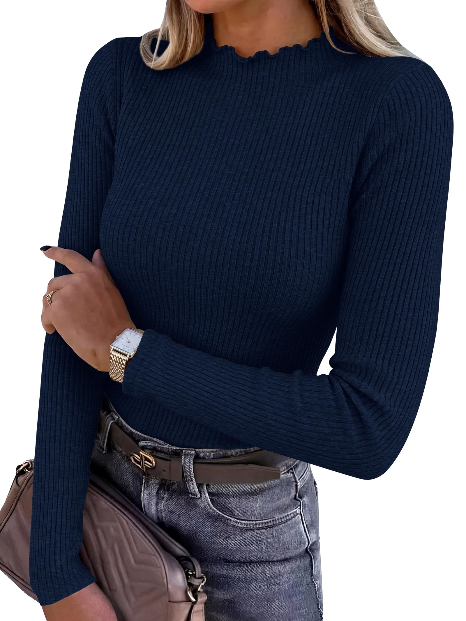 ANRABESS Long Sleeve Shirts for Women Mock Neck Ribbed Slim Fit Fall Tops
