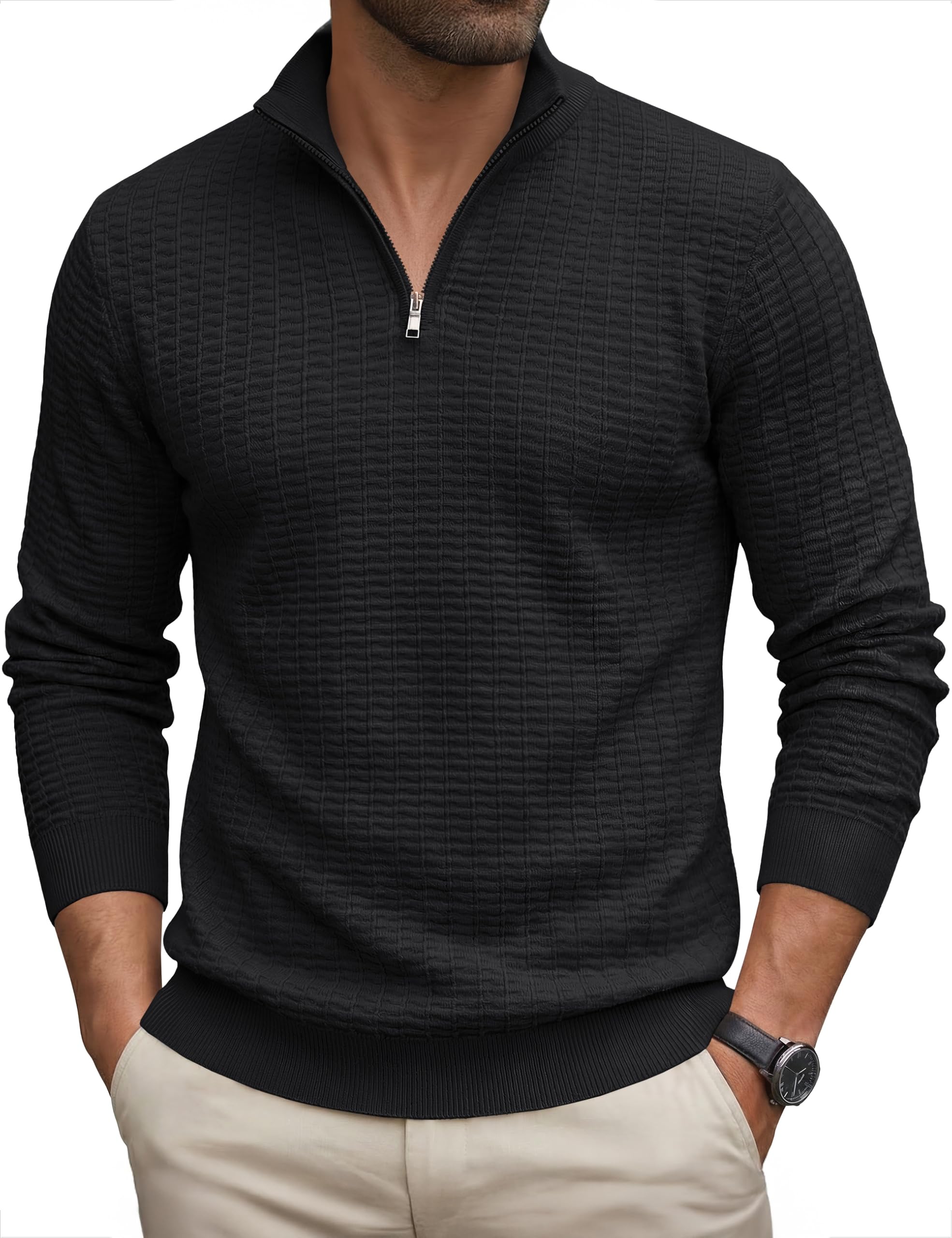 Cavva Men's Jumpers Quarter Zip Knitted Textured Sweater Winter Pullover