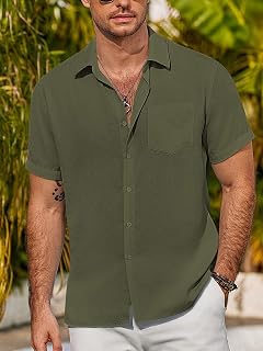 Men's Short Sleeve Button Down Shirts Summer Casual Textured Top Vacation Beach Wedding Shirts with Pocket
