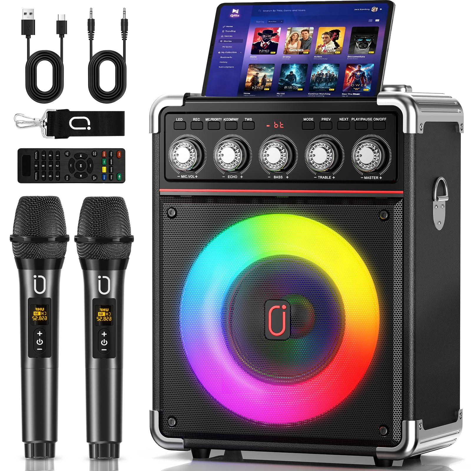 Karaoke Machine for Adult with 2 Wireless Microphone,200W Peak, 6.5" Woofer | Bl