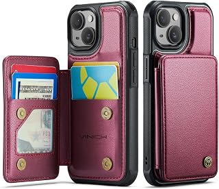 Vinich for iPhone 15 Plus Wallet Case with Card Holder, Wine Red