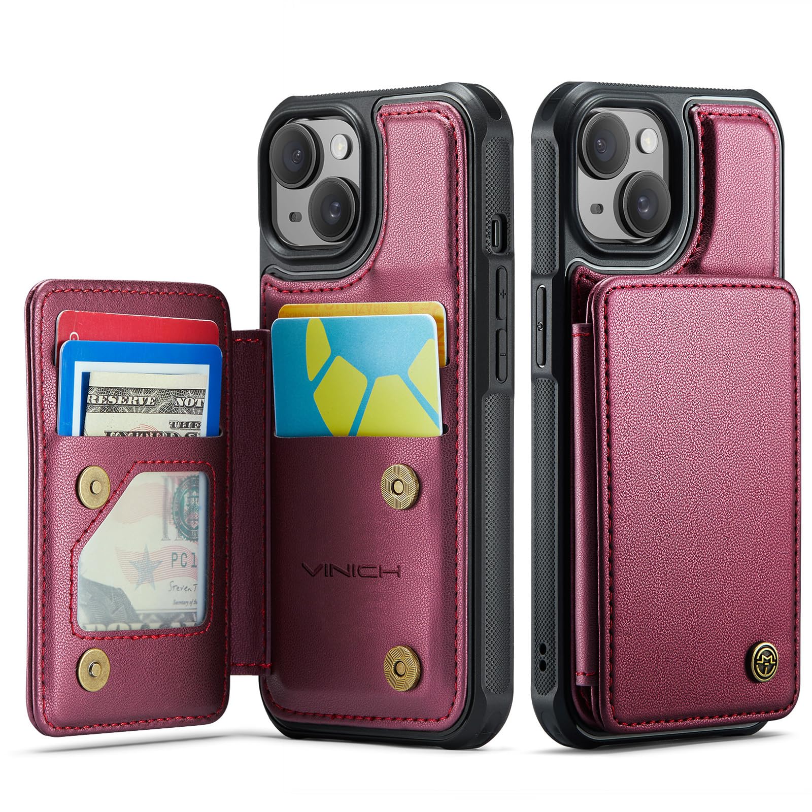 Vinich for iPhone 15 Wallet Case with Card Holder, Wine Red