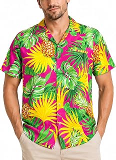 King Kameha Men’s Hawaiian Shirt Short Sleeve – Aloha Summer Shirt with Pineapple Leaves Print, Lightweight and Easy Care