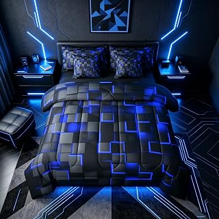 Feelyou Blue and Black Bedding Set Full Size Light Geometric Comforter Set with Sheets 7 Piece for Kids Boys GirlsDecor Bed in a Bag Modern Style Bed Set