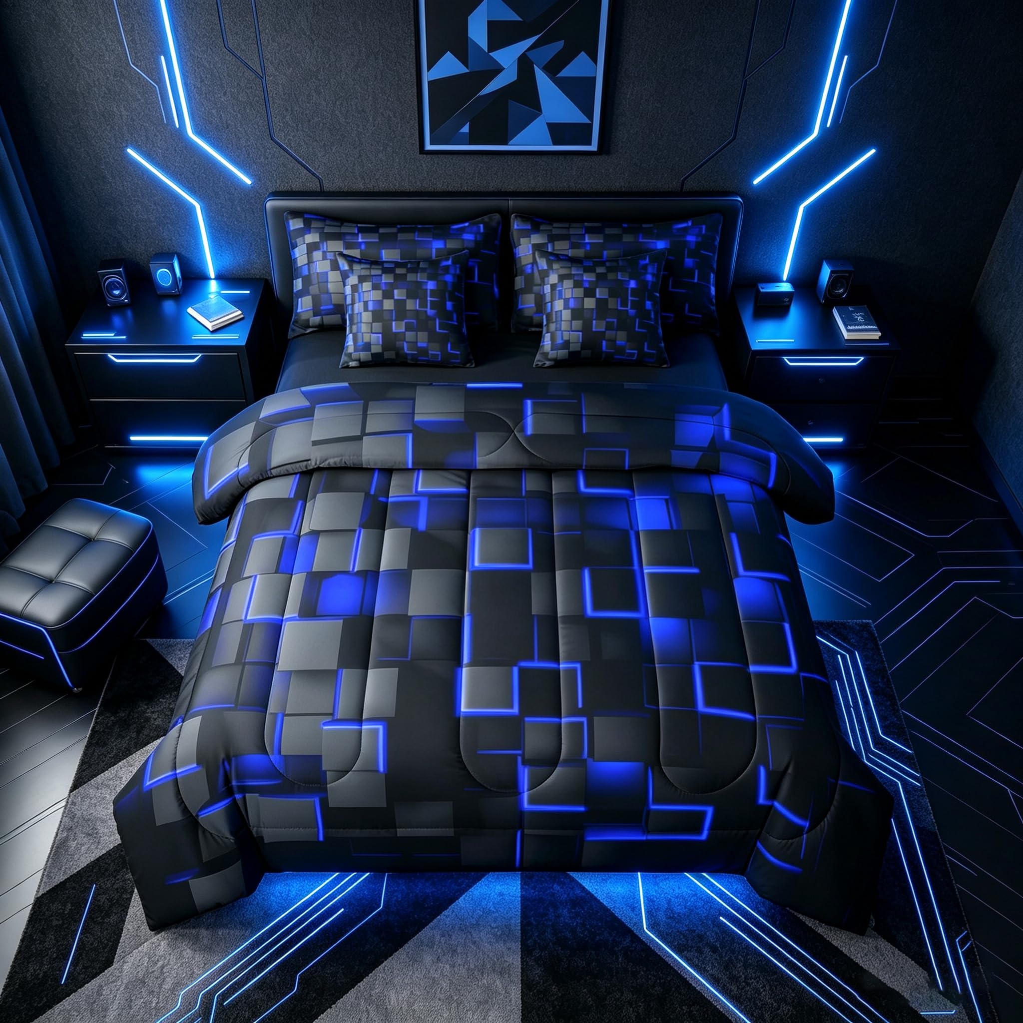Feelyou Blue and Black Bedding Set Full Size Light Geometric Comforter Set with 