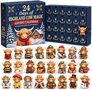 3D Highland Cow Advent Calendar 2026, 24 Mini Cow Figures (A#) | 24 assorted Highland cow figures hidden behind 24 countdown doors for a fun Christmas surprise each day.