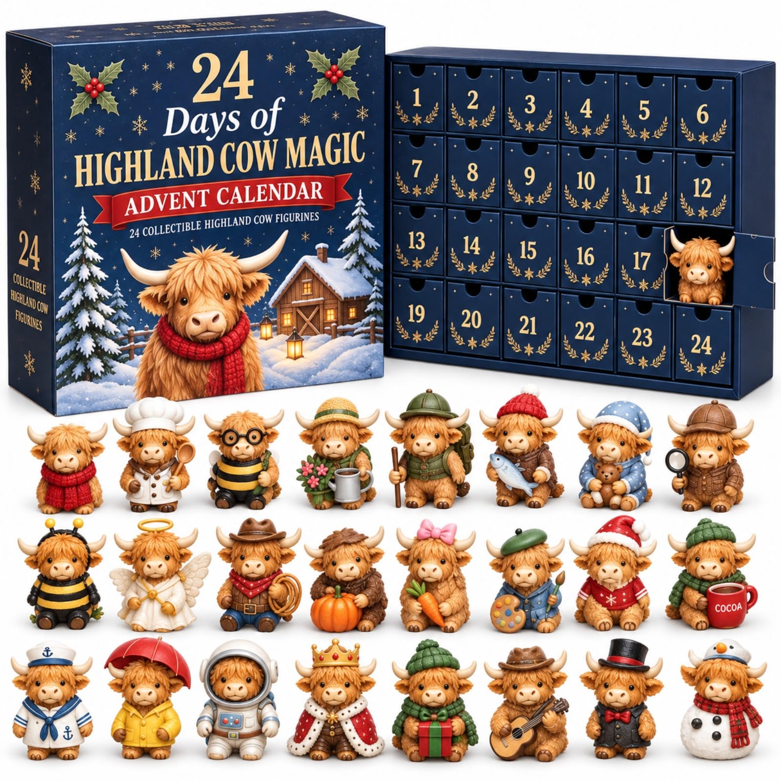 3D Highland Cow Advent Calendar 2026, 24 Mini Cow Figures (A#) | 24 assorted Hig