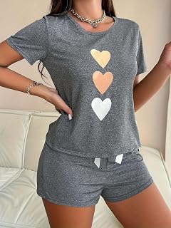 Womens Tricolor Heart Print Short Sleeve Casual Pajama Set with Bow Shorts