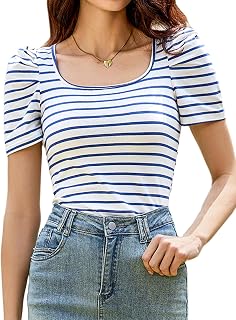 Aottori T-Shirt Short Sleeve Women Basic Top T-Shirt Stripe Elegant Square Neck T-Shirts Cotton Lightweight Casual Pullover Tunic
