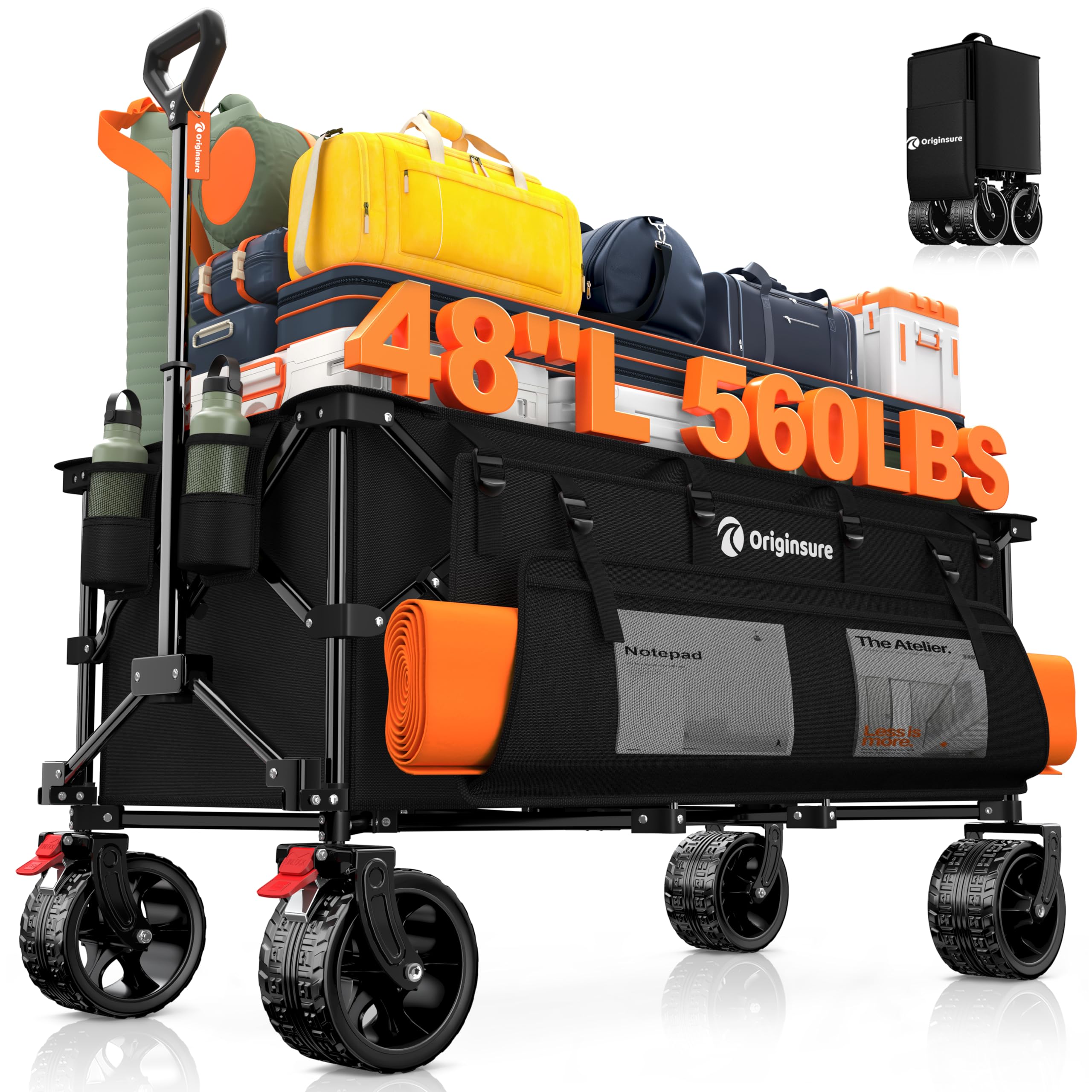 48" L Collapsible Wagon Cart Foldable, 560LB Weight Capacity 300L Heavy Duty Fol