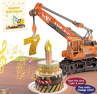 3D Greeting Pop Up 7th Birthday Card with light and music, Crane Truck card For Boy, Nephew, Grandson, Son, Toddler, with Envelope, Message Card - Open it play: plays hit song 'Happy Birthday'