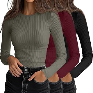 Ficerd 3 Pack Women's Ribbed Long Sleeve Shirts Fitted Tops
