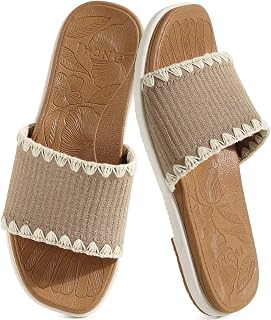 ONCAI Women’s Flat Slides Sandals Soft Knitted with Golden Thread Inlay Summer Vacation Walking Sandalias Mujer with Outdoor Rubber Soles US Size 6-11