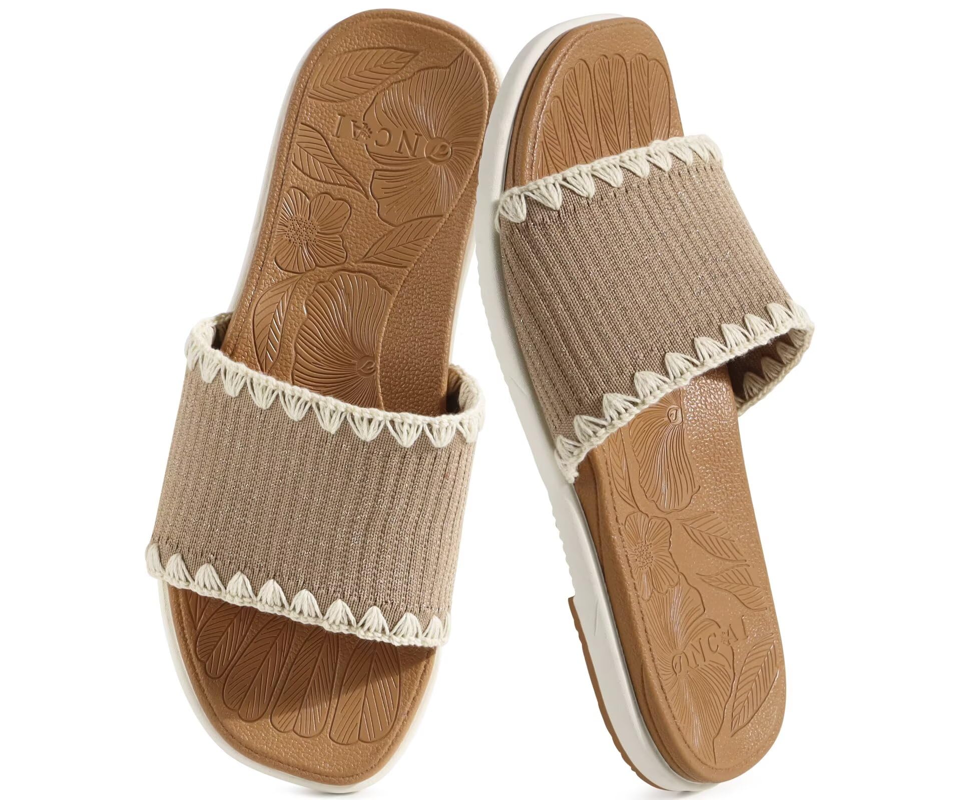 ONCAI Women’s Flat Slides Sandals Soft Knitted with Golden Thread Inlay Summer V