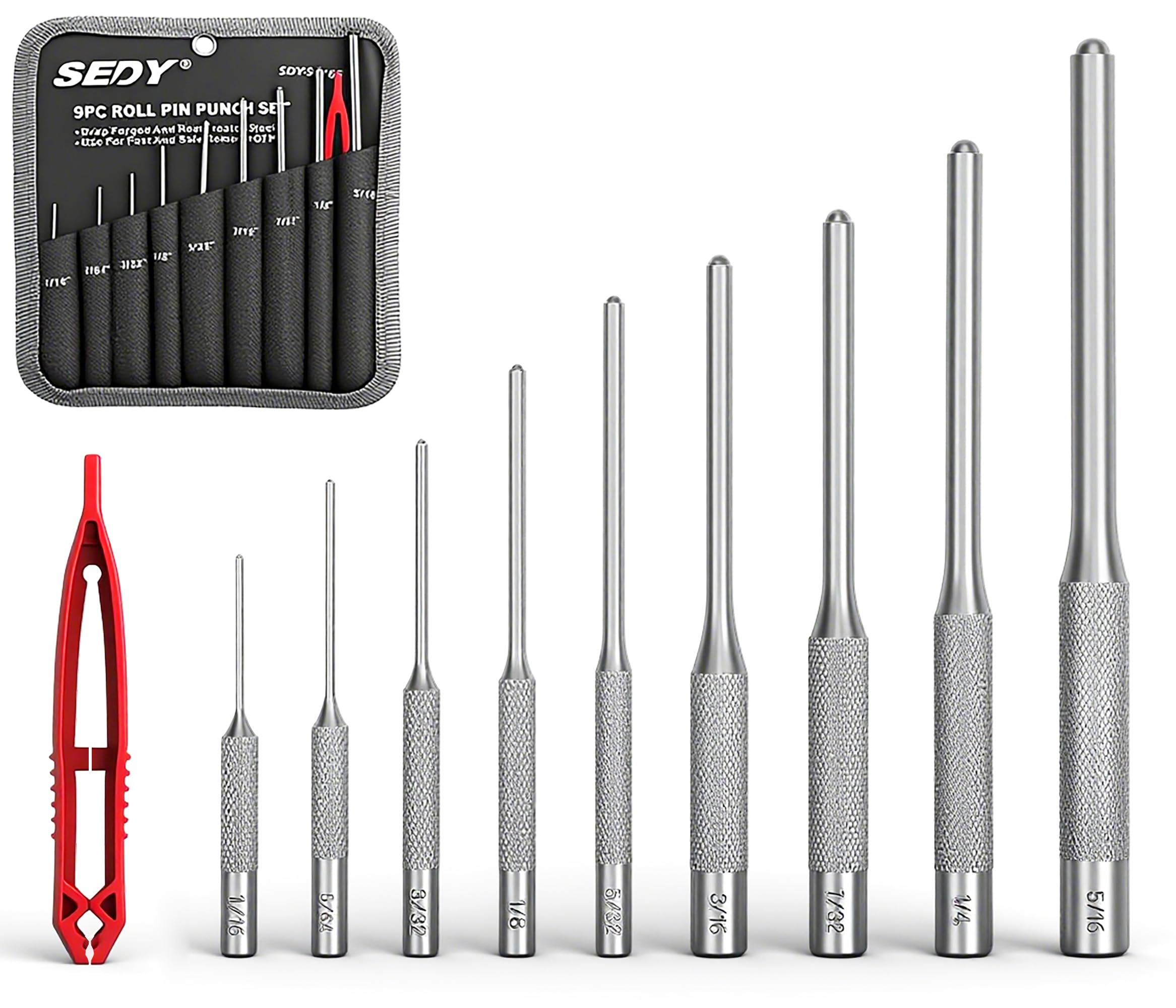 9-Piece Roll Pin Punch Set - Fast Pin Removal - Durable Steel & Construction - f