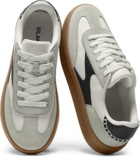Vilanva Tenis de moda para mujer, zapatos de tenis casuales con gamuza auténtica, suela de goma retro, zapatos de moda para caminar
