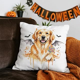 1 Piece Halloween Cushion Cover for Home Decor Halloween Gold Dog Print Watercolor Bat Wings Pumpkins Bats Cushion Cover for Couch Sofa 18x18 Inch