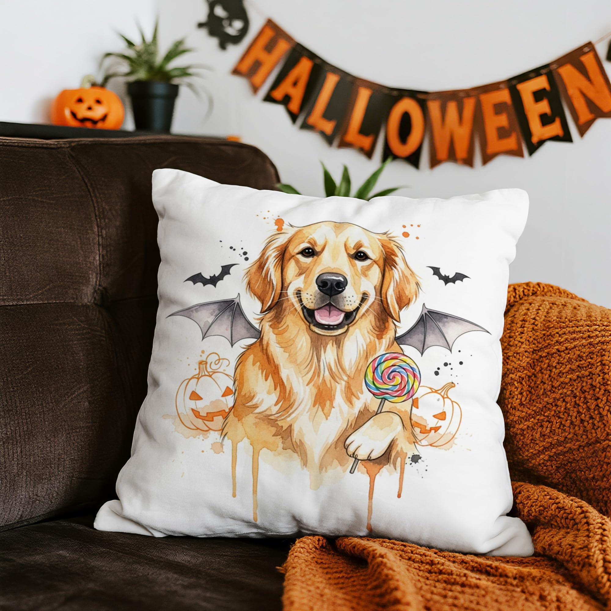 1 Piece Halloween Cushion Cover for Home Decor Halloween Gold Dog Print Watercol