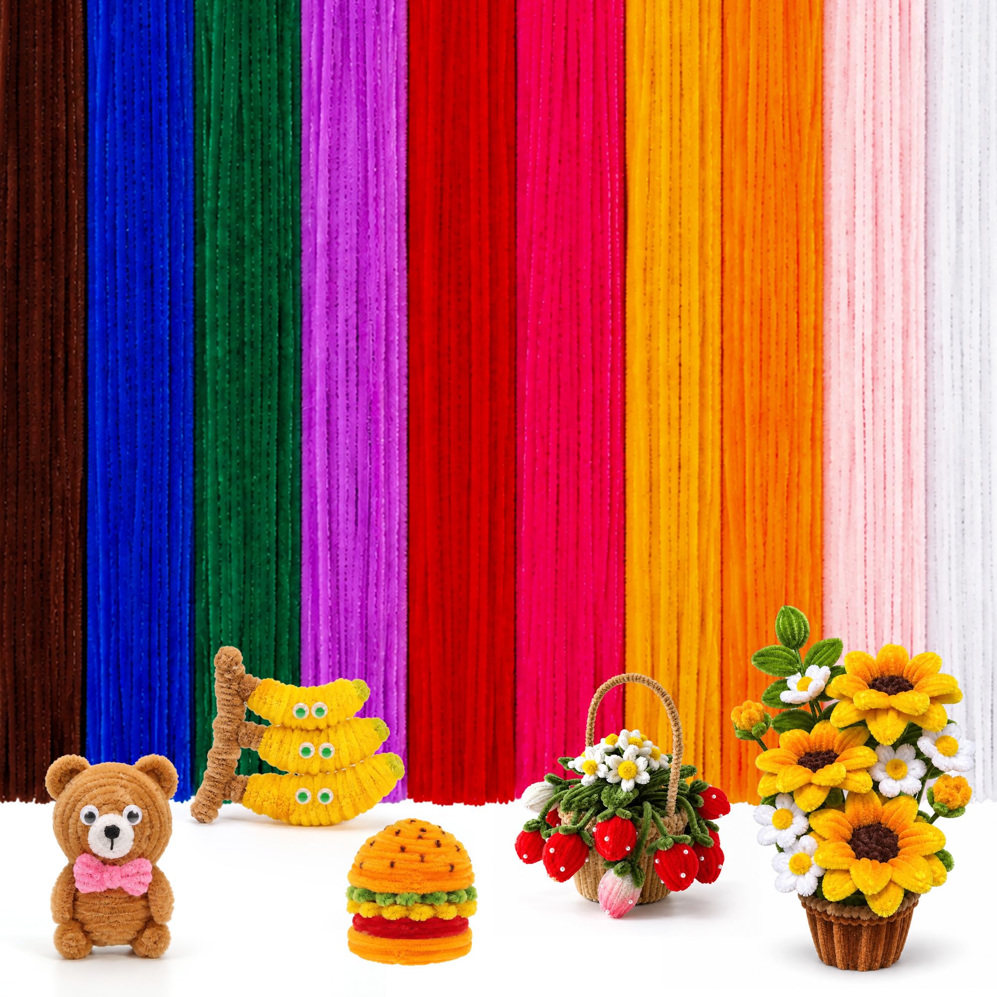 Caydo 100PCS Pipe Cleaners Craft, 10 Colors Chenille Stems Bulk | for Creative A