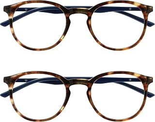 OPULIZE Met BB60-2 +2.00 Anti-Blue Light Reading Glasses Pack of 2 Round Frames Slim Spring Hinges Improves Sleep Games Tortoise Scale Brown Men Women
