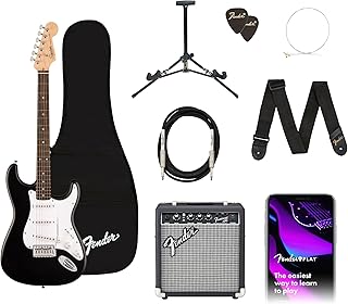 Fender Squier Debut Stratocaster Beginner Electric Guitar Kit, Black | Starter pack with Frontman 10G amp, padded gig bag, guitar strap, free lessons, 2-year warranty