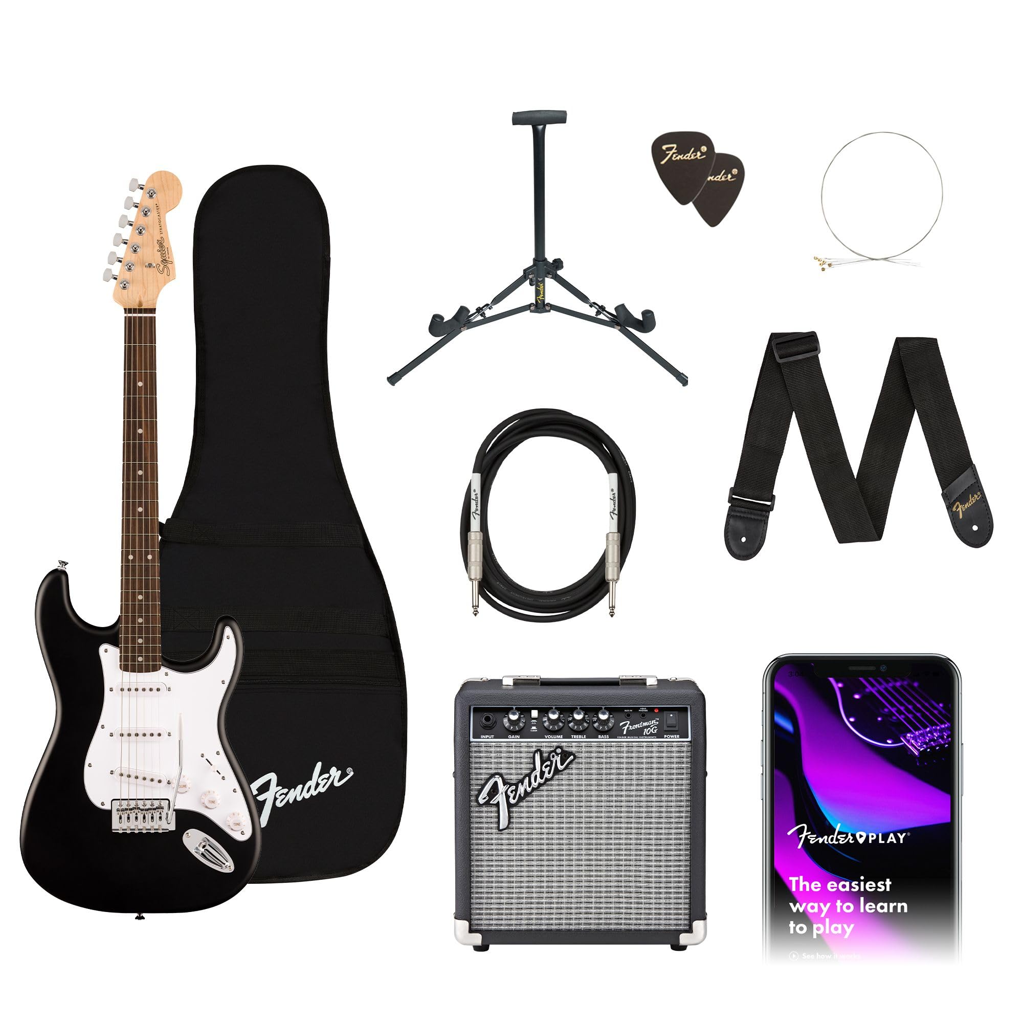 Fender Squier Debut Stratocaster Beginner Electric Guitar Kit, Black | Starter p