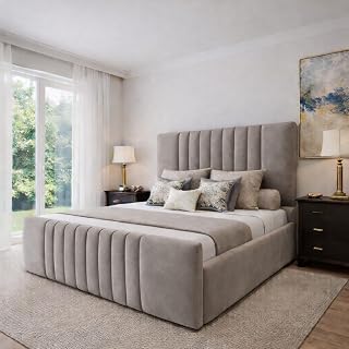J&S BEDS Small Double Bed with Headboard, Luxury Serenity Velvet Upholstered Panel Bed, 4FT Small Double Bed Frame with Slatted Base - Pebble Plush