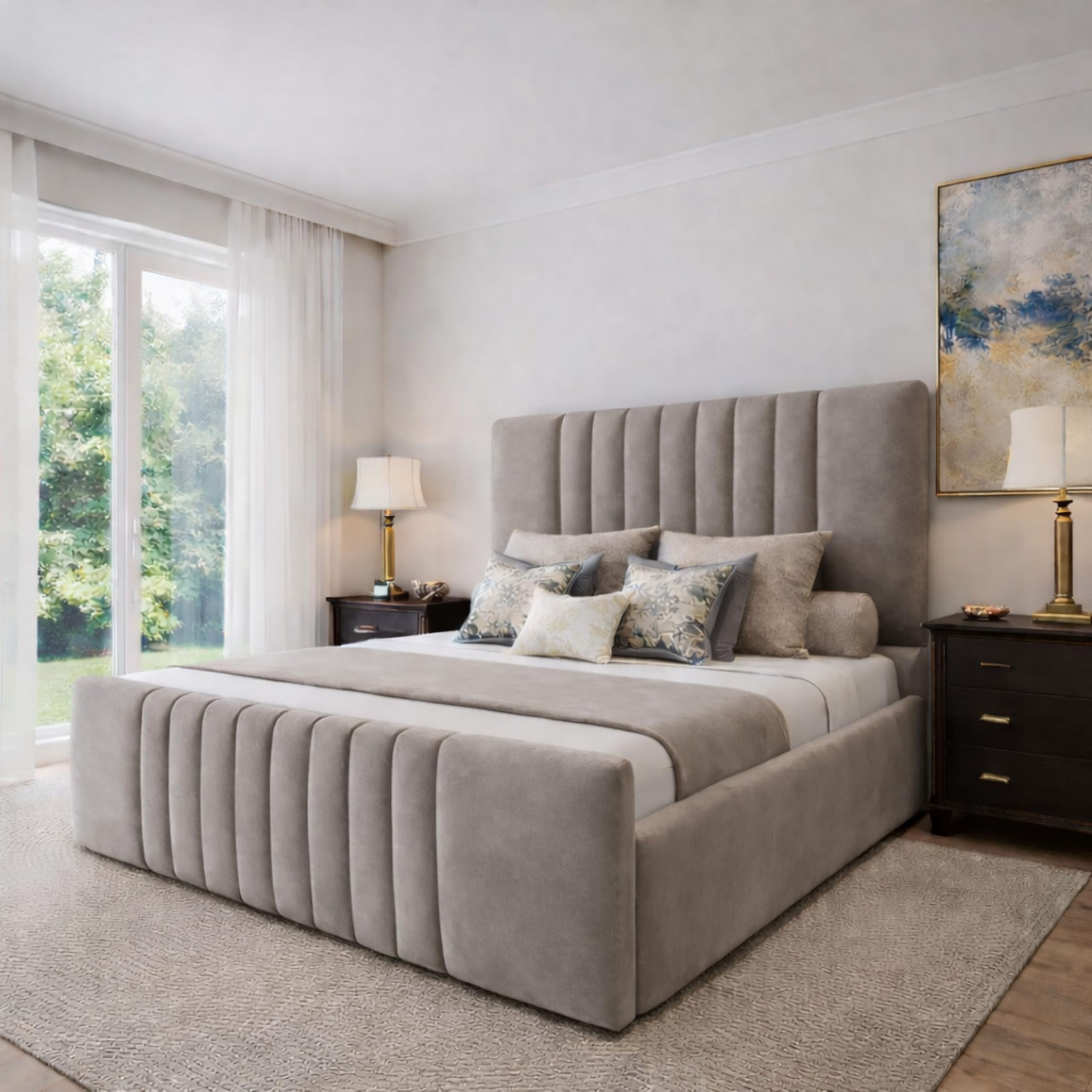 J&S BEDS Small Double Bed with Headboard, Luxury Serenity Velvet Upholstered Pan