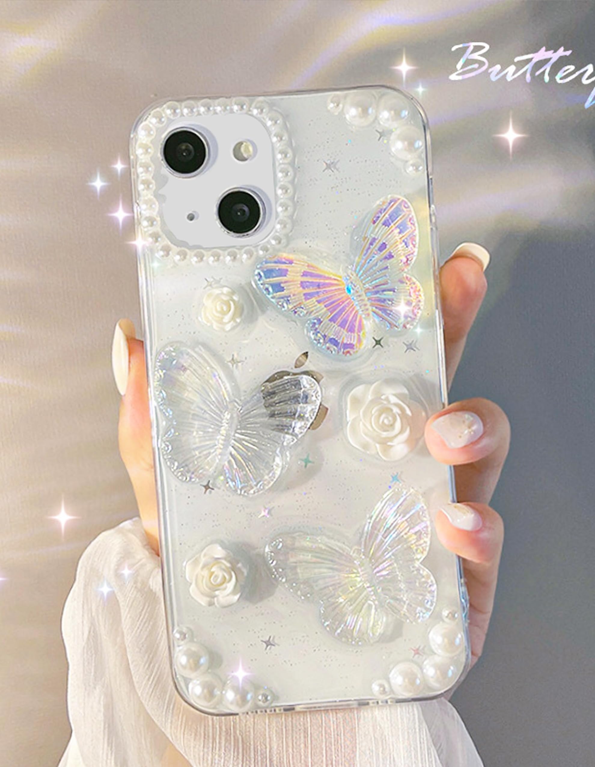 Compatible with iPhone 13 Case, Floral Butterfly Flower Aesthetic Women Glitter 
