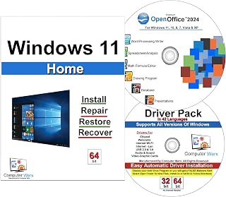 Computer Werx Compatible with Windows 11 Home 64 Bit repair DVD with key, install, recover & restore DVD plus Open Office 2024 & Drivers pack DVD