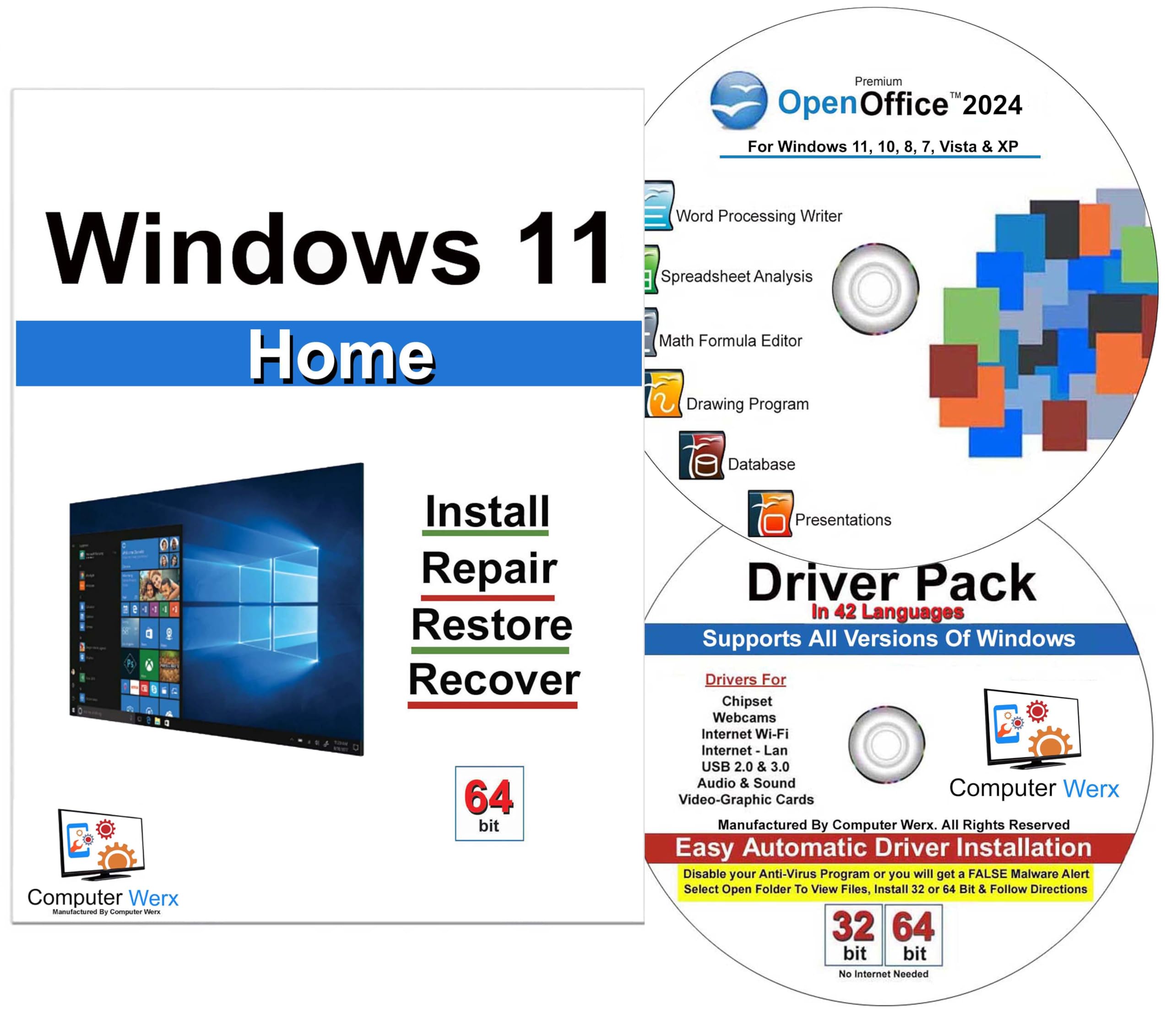 Computer Werx Compatible with Windows 11 Home 64 Bit repair DVD with key, instal