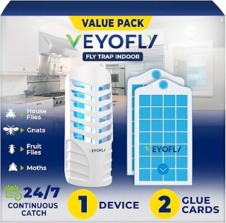 VEYOFLY Fruit Fly Traps Indoor Plug-in UV, Gnat Trap, 1 Device + 2 Refills | UV light attracts insects to glue cards, silent 24/7, plug-in setup, replaceable cards, indoor use, no zapper