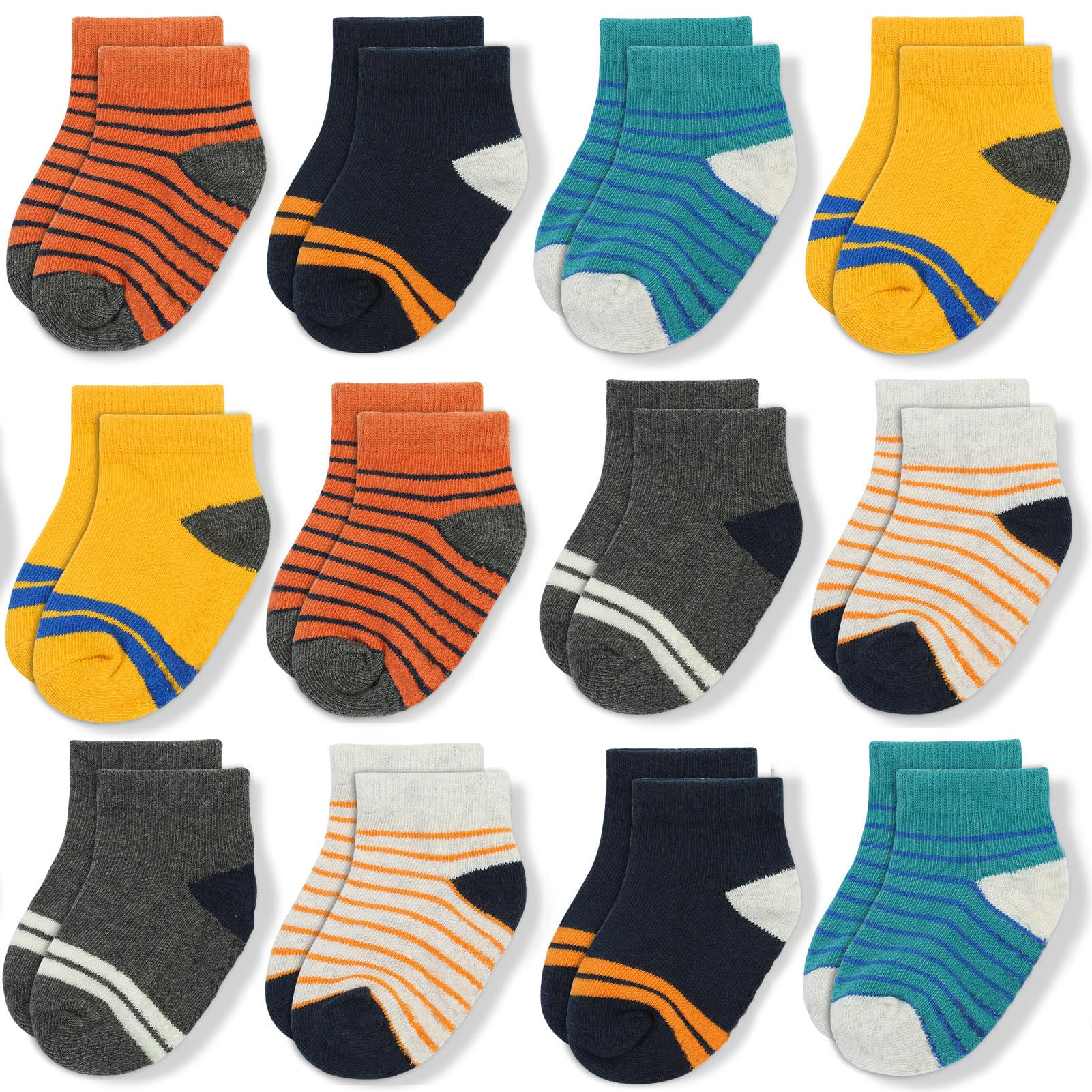 JAKIDAR 12 Pair Baby Toddler Socks Non-Slip Grip Cotton Ankle Socks for Boys Gir