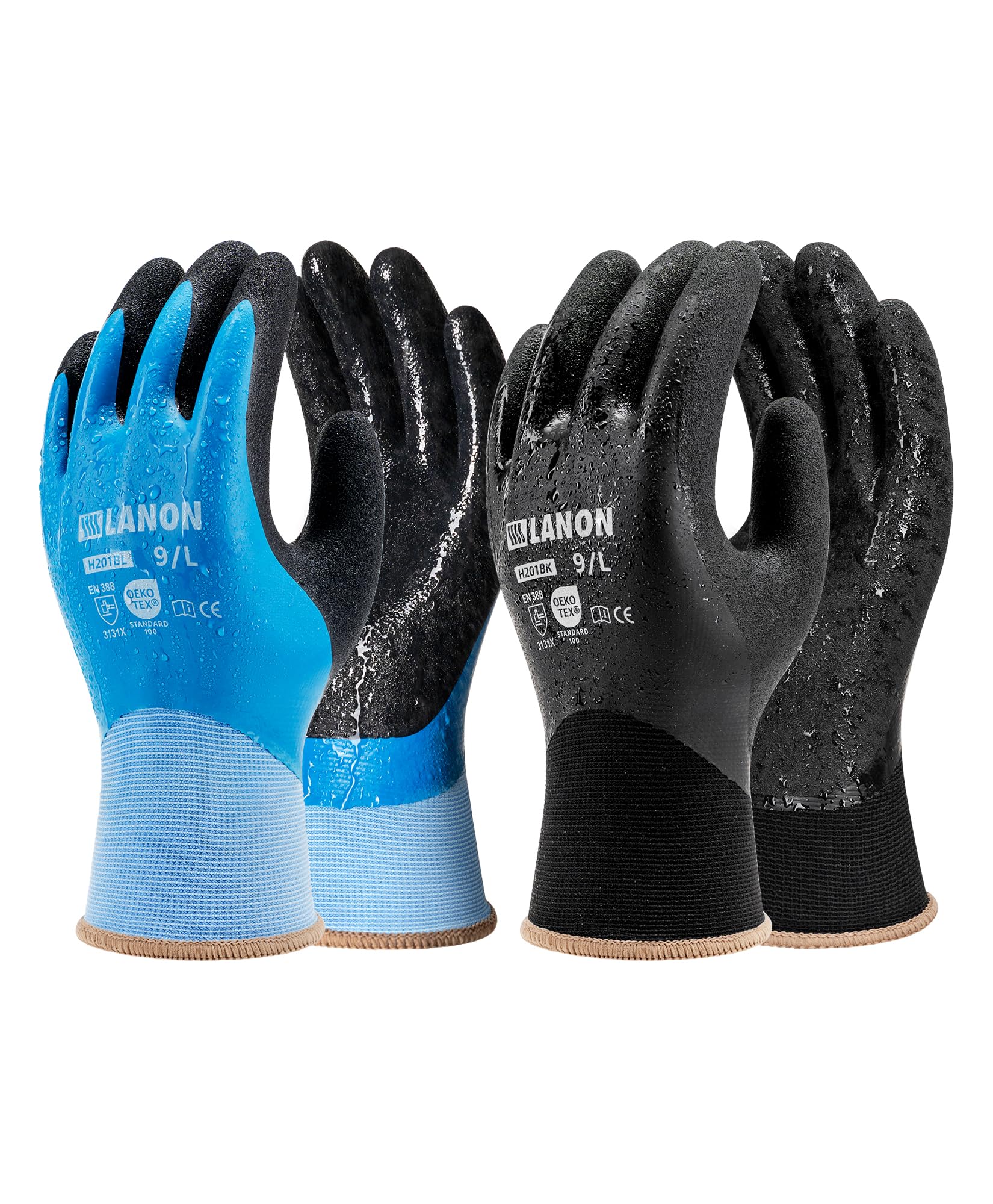 LANON 2 Pairs Double Rubber Coated Waterproof Work Gloves, Small | Non-Slip Grip